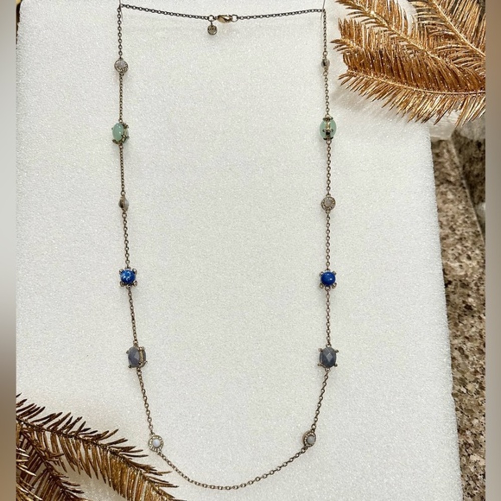 ✨LOFT long gold tone chain w/double sided set blue and green stones. So pretty!✨